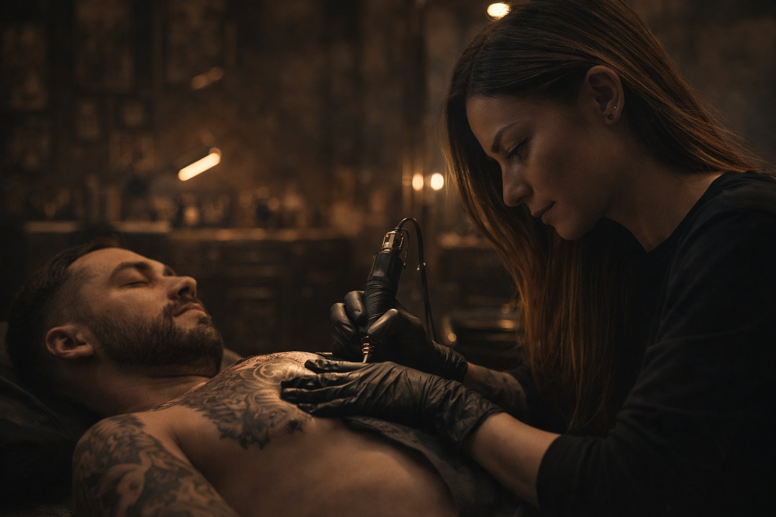 Tatuadora atendendo cliente na JP Tattoo Supplie